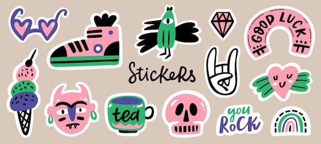 Vector grappige stickers of pins collectie schattige stripfiguren hart rock sign sneaker bril scull