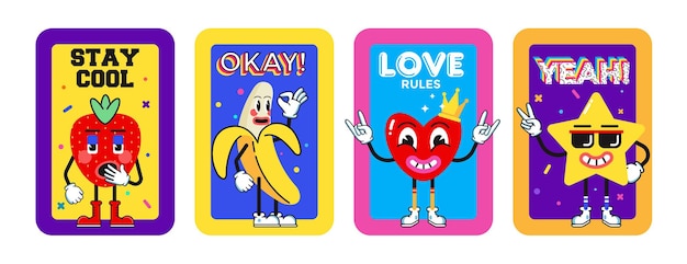 Grappige stripfiguren. Stickerpakket, posters, prenten. Collectie van aardbei, banaan, hart en ster. Reeks komische elementen in trendy retro cartoonstijl. vector illustratie