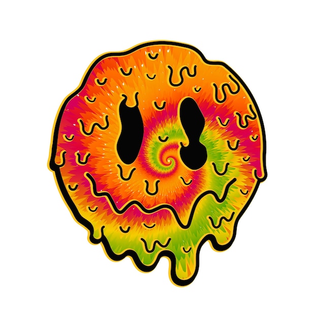 Grappige stropdas kleurstof psychedelische surrealistische smelt glimlach gezicht Vector gebonden cartoon karakter illustratie logoGlimlach geel groovy gezicht stropdas kleurstof meltacidtechnotrippy print voor tshirtpostercard concept