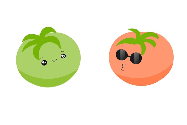 Grappige tomaten groene en rode tomaten tuinieren Vector illustratie op een witte achtergrond