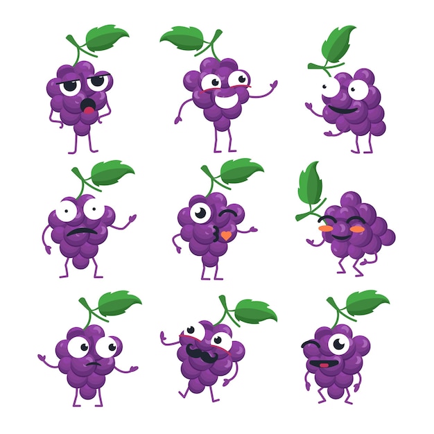 Grappige tros druiven - vector geïsoleerde cartoon emoticons. leuke emoji set met een leuk karakter. een verzameling van een boze, verraste, gelukkige, verwarde, gekke, lachende, droevige vrucht op witte achtergrond