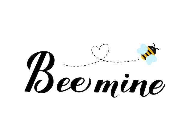 Grappige Valentijnsdag kaart Bee Mine kalligrafie hand belettering met schattige cartoon bee geïsoleerd op witte achtergrond Vector sjabloon voor spandoek poster flyer sticker ansichtkaart tshirt etc