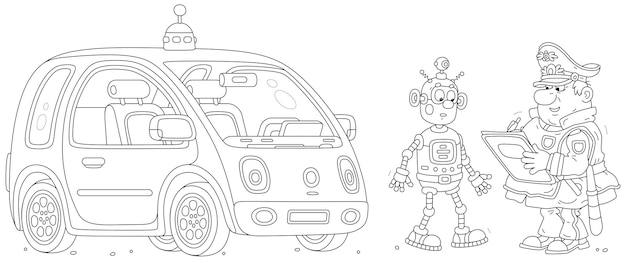 Grappige verkeersagent die een boete geeft aan een onoplettende robotbestuurder in een elektrische zelfrijdende auto