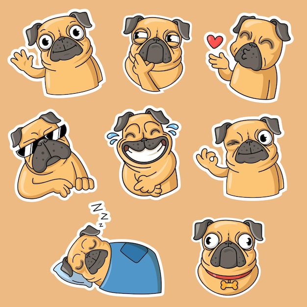 Vector grappige verzameling pug platte stickers