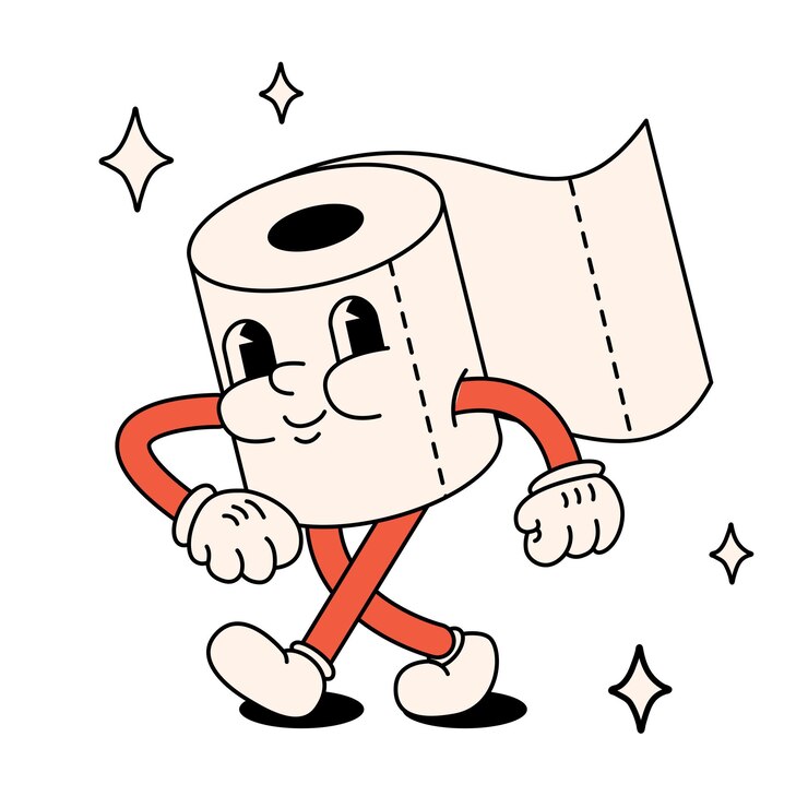 Grappige vrolijke cartoon wc-papierrol De stijl van de jaren 60 70 Positieve en goede vibes