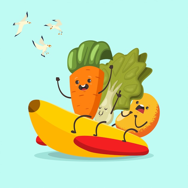 Vector grappige wortel, sla en mango op een bananen rubberboot. stripfiguur van schattige groenten en fruit van zomerwateractiviteiten. illustratie van sport en een gezonde levensstijl.