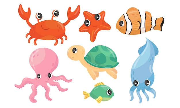 Grappige zeedieren personages vector set onderwater leven concept