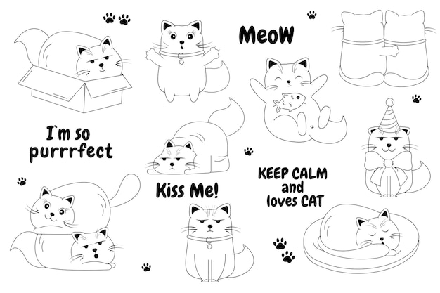 Grappige zwart-wit schets cartoon katten doodle Karakter kat Belettering kat Eenhoorn kat