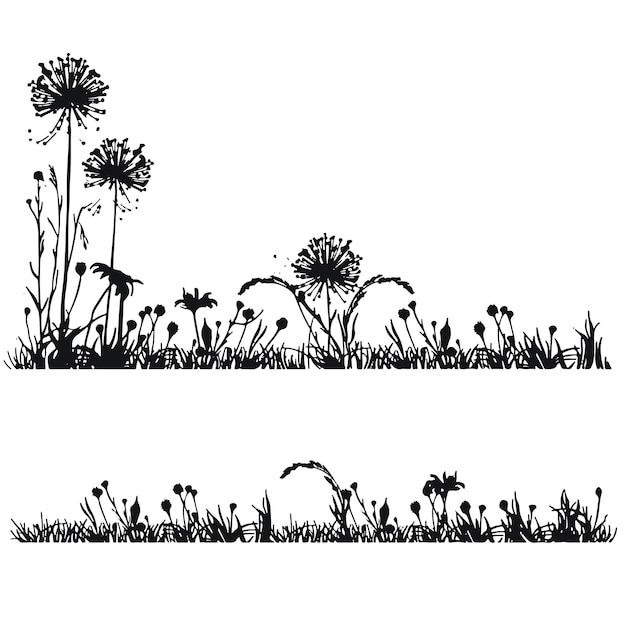 Gras silhouet. cartoonlijnen van planten en struiken voor instappen en inlijsten, eco- en biologisch logo-element. vector set lente veld planten vormen gazon of grenzen tuin. vector illustratie