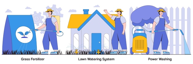 Vector grass fertilizer lawn watering system power washing with people characters illustrations pack