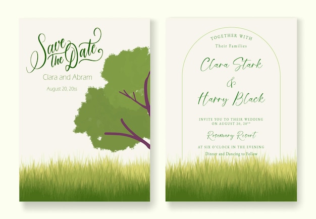 Vector grass field calm minimalist free wedding card set of invitation