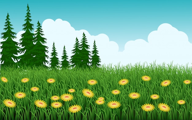 Vector grass field with flowers and trees