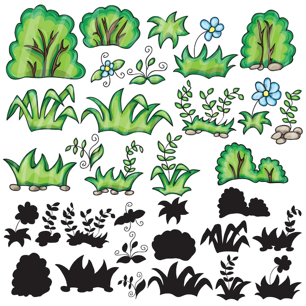 Vector grass and flowers cartoon and silhouttes on a white background