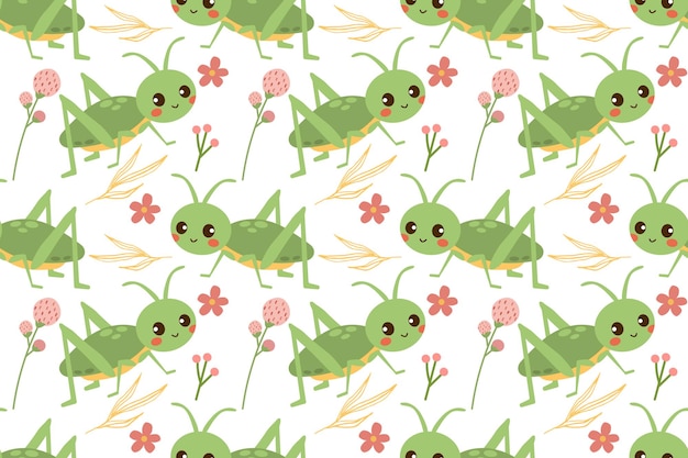 Grasshoppers and flowers vector illustration pattern flat with flower and branch isolate on white