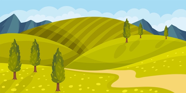 Вектор Травянистые холмы и извилистая дорога в качестве векторной иллюстрации зеленого пейзажа