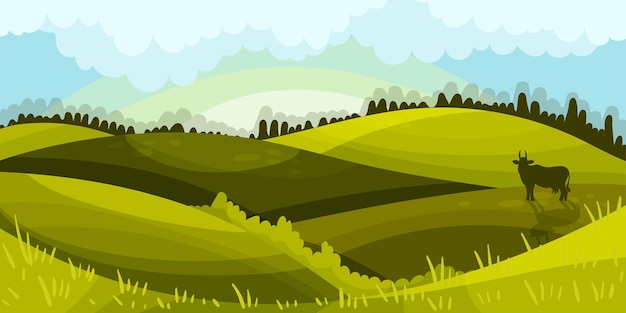 Vector grassy hills and pasture land as green landscape vector illustration