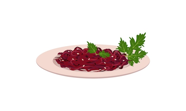 Grated beetroot salad with sesame seeds and parsley leaves on plate Delicious and healthy food with vitamins Vector flat illustration