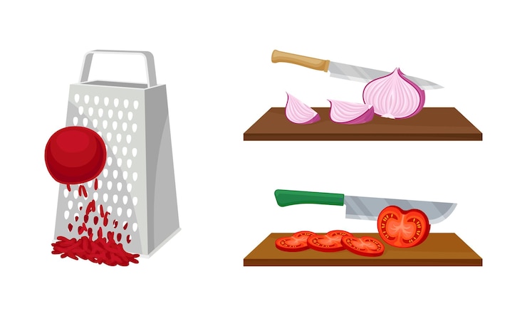 Vector grating and chopping vegetables on wooden cutting board and with metal grater vector set