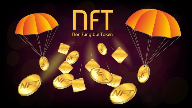 Gratis distributie van collectible nft non-fungible token veel gouden tokens en munten vallen op parachutes nft airdrop