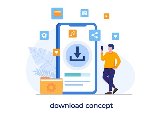 Gratis download systeemconcept, internet, updaten, installatie, man met smartphone downloaden document, vlakke afbeelding vector