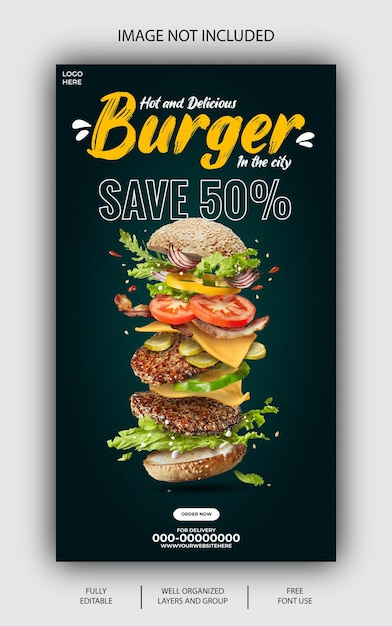 Gratis EPS vector Heerlijke hamburger en eten menu instagram en facebook verhaalsjabloon