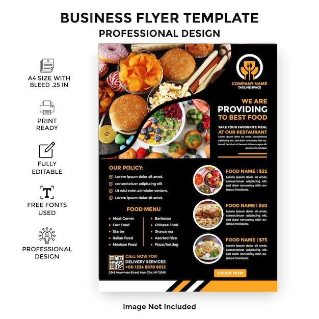 Vector gratis professionele bedrijfsvector a4-grootte restaurant flyer sjabloon met foto