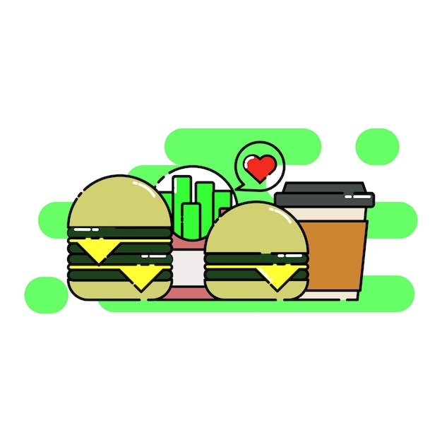 Vector gratis schattige illustratie van dubbele kaas burger koffie en friet met liefde platte ontwerp stijl