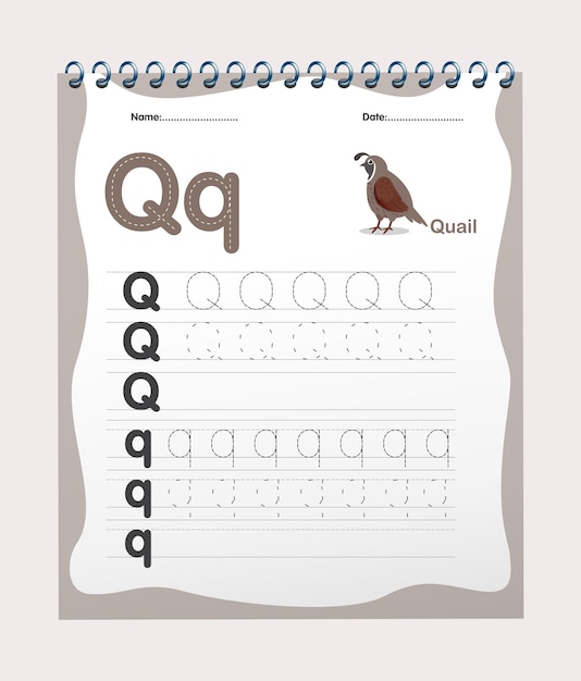 Gratis vector alfabet Q overtrekwerkblad met illustraties