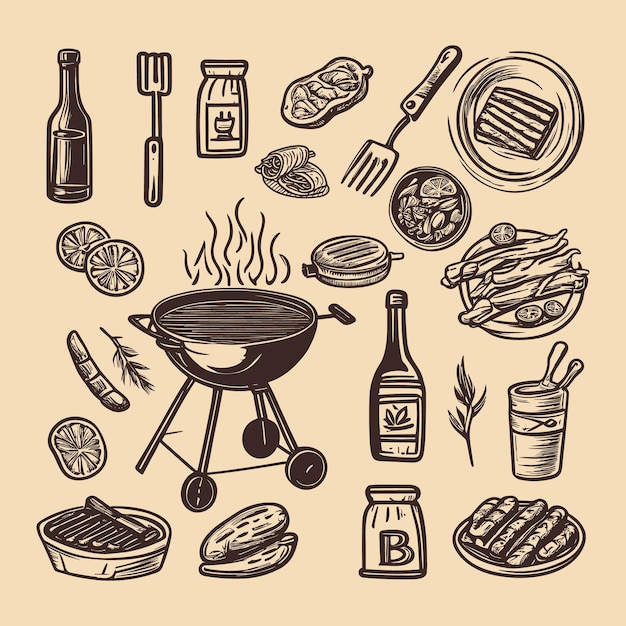 Gratis vector bbq hand verdrinken decoratieve iconen set