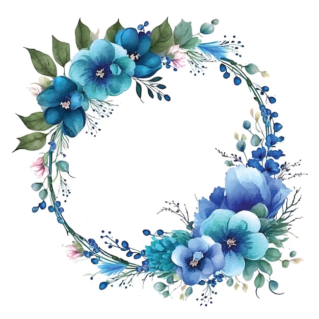 Gratis vector blauwe bloemen cirkel frame aquarel verf