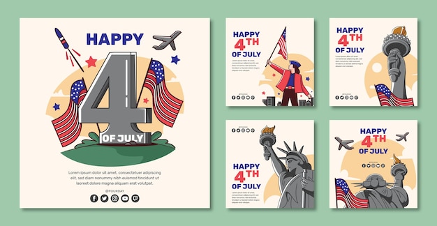 Vector gratis vector handgetekende 4 juli instagram posts set