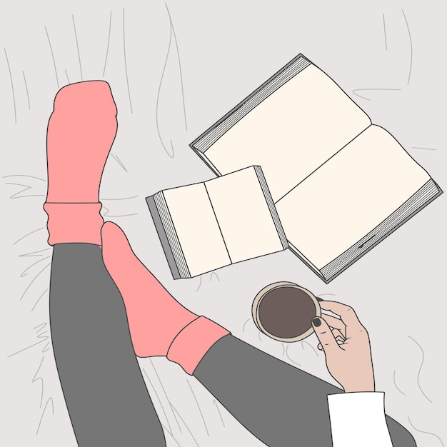 Gratis vector koffie drinken op bed met boeken en sokken gezellige sfeer