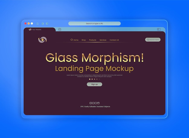 Gratis vector landing page template met glas morfisme donkere interface presentatie op blauwe achtergrond