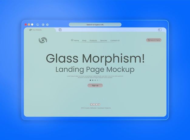 Gratis vector landing page template met glas morphism licht interface presentatie op blauwe achtergrond