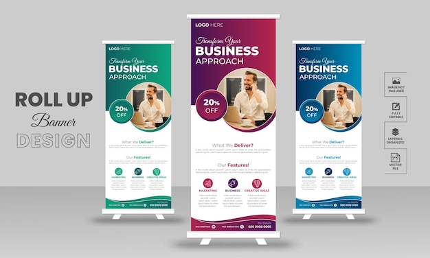Gratis vector moderne business roll up met gradiënt en moderne business rack kaart of dl flyer sjabloon