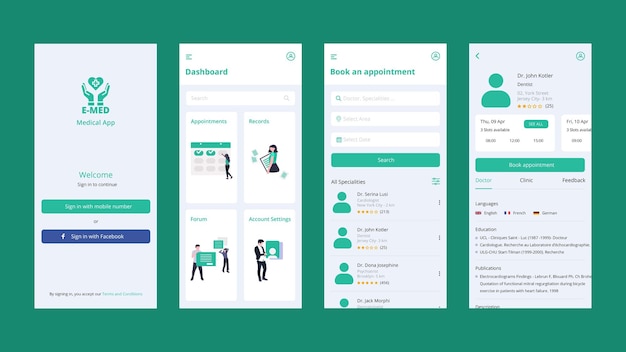 Vector gratis vector online medische boeking of arts boeking app gebruikersinterfacesjabloon ui kit
