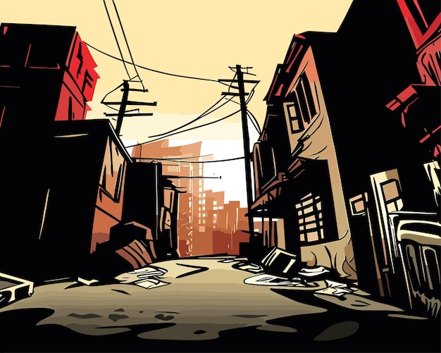 Gratis vector postapocalyps stad cartoon met lege vernietigde levende gebouwen illustratie