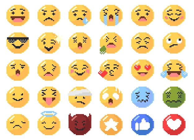 Gratis vector set van emoticons verschillende uitdrukkingen in pixel art stijl