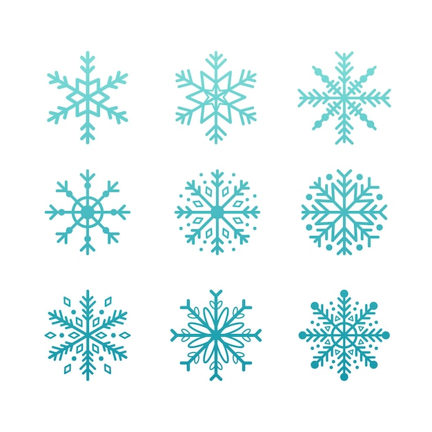 Gratis vector sneeuwvlok pictogrammenset in blauw kleurverloop met witte achtergrond