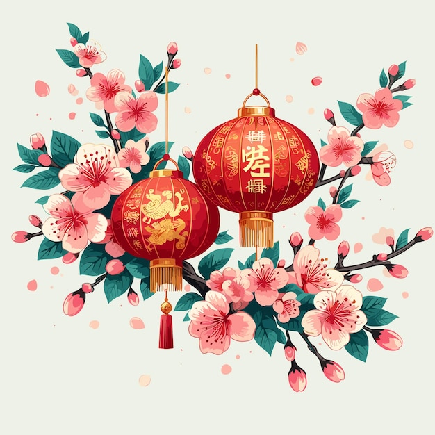 Gratis vector traditionele chinese achtergrond met sakuraboom en lantaarndecoratie