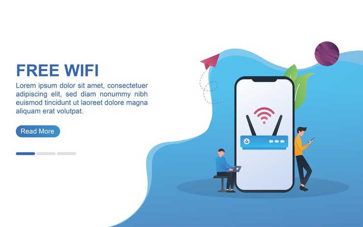 Gratis wifi-concept met wifi-modem en mensen die wifi gebruiken.