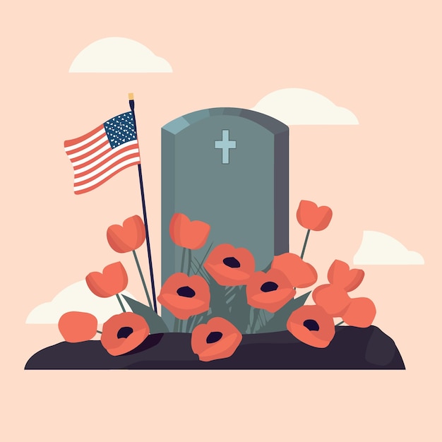 Grave in cemetery with red flowers and flag of the united states