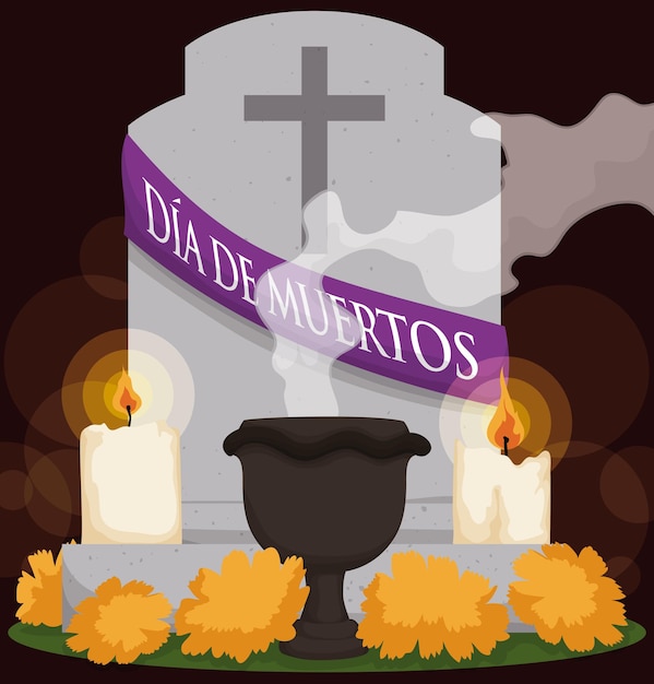 Dia de Muertos 금잔화 꽃 양초와 세라믹 향로에 코팔 향으로 장식된 무덤