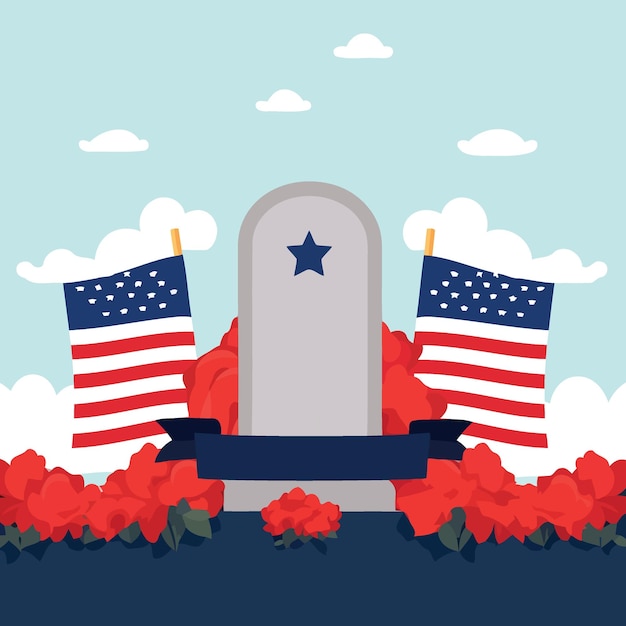 붉은 꽃과 미국 국기가 있는 묘지의 무덤