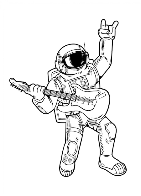 Graveren tekenen met coole kerel astronaut spaceman rockster spelen op gitaar in ruimtepak. Vintage cartoon karakter illustratie strips popart stijl geïsoleerd