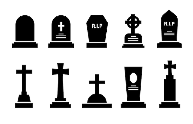 Gravestone headstone and tombstone icons tomb stone vector silhouettes Cemetery or graveyard tombstones with RIP memorial and gothic cross funeral grave burial and Christian cemetery monuments