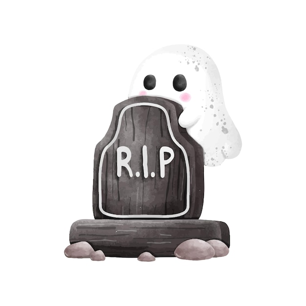 Vector gravestone rip with cute ghost halloween rip watercolor vector illustration element