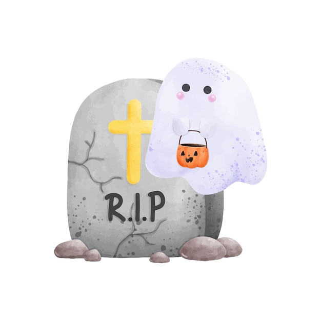 Strappo di pietra tombale con simpatico fantasma elemento di illustrazione vettoriale dell'acquerello di halloween rip