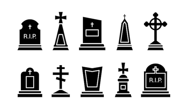 Gravestone and tombstone icons tomb stone and headstone vector silhouettes Cemetery or graveyard tomb with RIP and gothic cross funeral memorials and Christian grave burial monument symbols