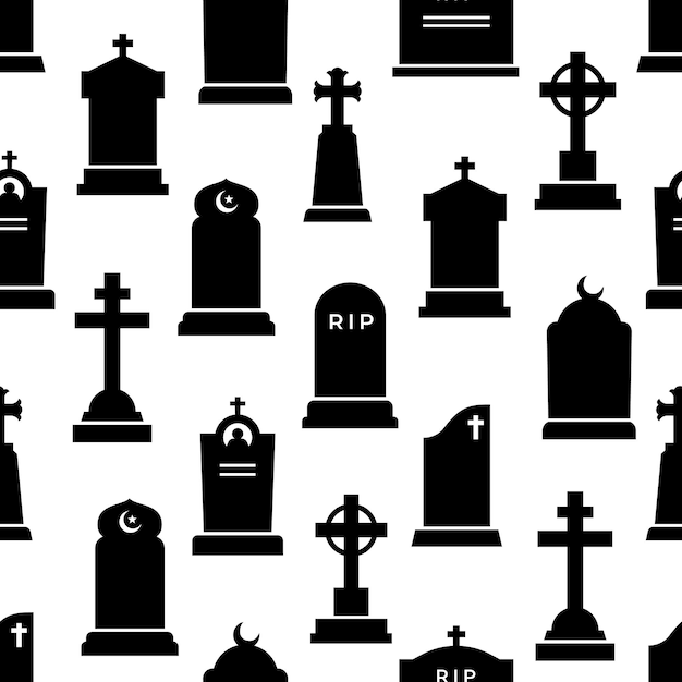 Vector gravestone and tombstone silhouettes seamless pattern of cemetery headstone or tomb stone vector background cemetery or graveyard tombstones with rip memorial and gothic cross for cemetery pattern